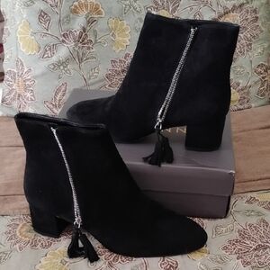 Ann Taylor Black Suede Ankle Booties with Silver Zipper And Tassel